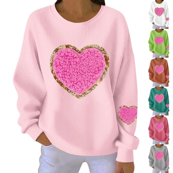 Tbopshirt Sweatshirts for Women Graphic Hoodless Valentine Long Sleeve Crewneck Ribbed Pullover Tops Green,L