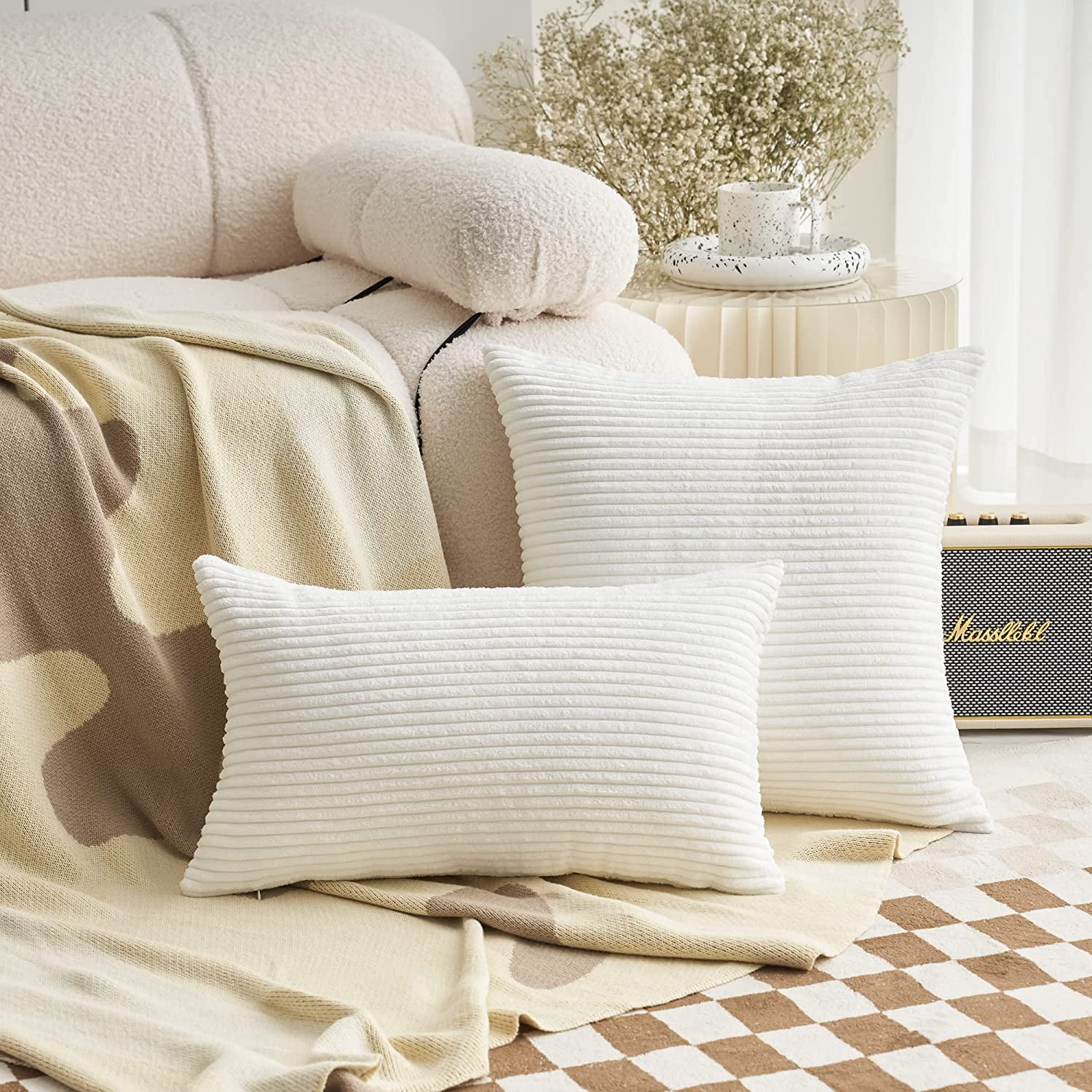 Lumbar Throw Pillow Covers for Sofa Bedroom Set of 2 Soft Striped Velvet Oblong Decorative White Throw Pillows 12x20 inch White Walmart