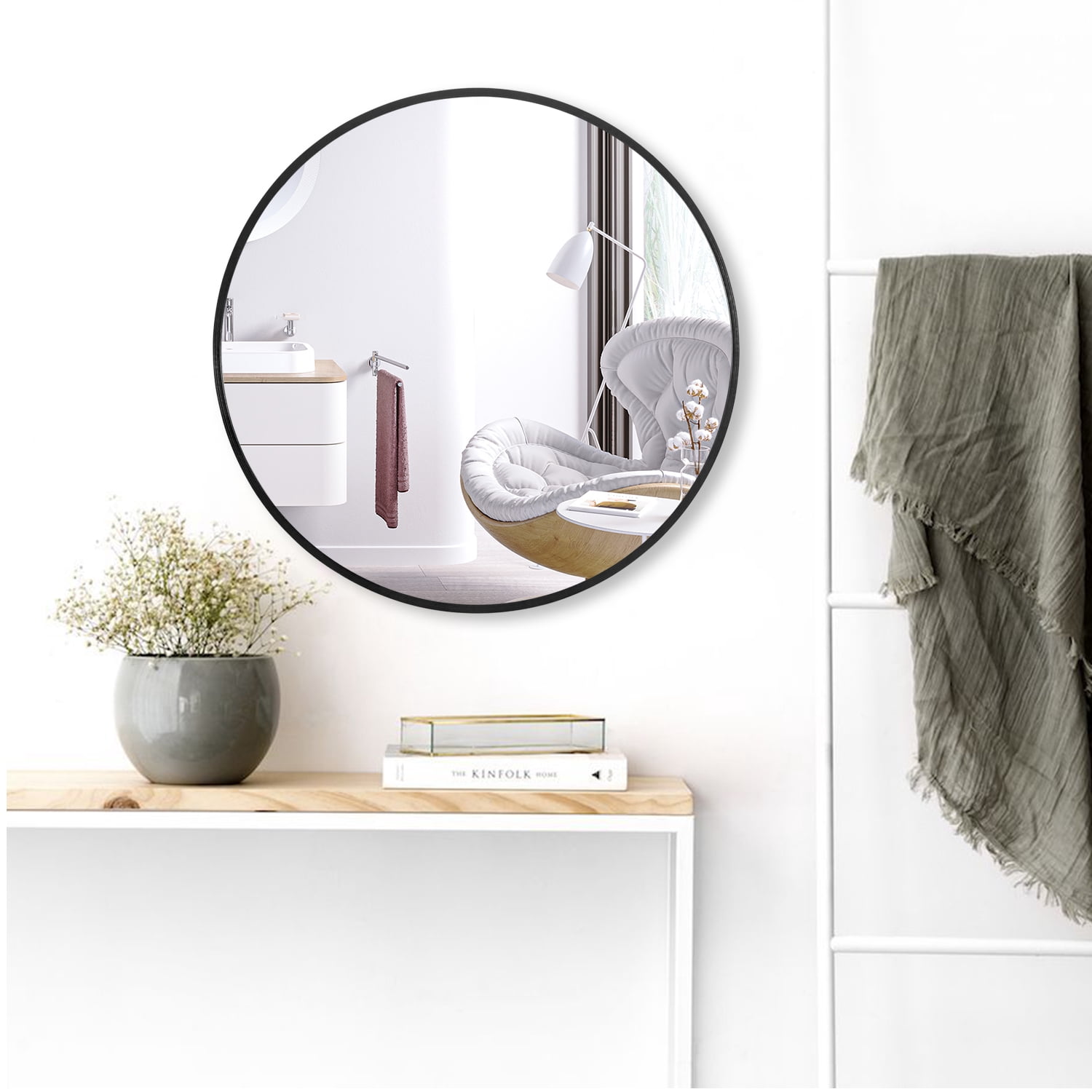 36" Black Round Wall Mirror Modern Accent Mirror Wall Decor Circle Mirror Aluminum Alloy Frame Bathroom Wall Mounted Mirror