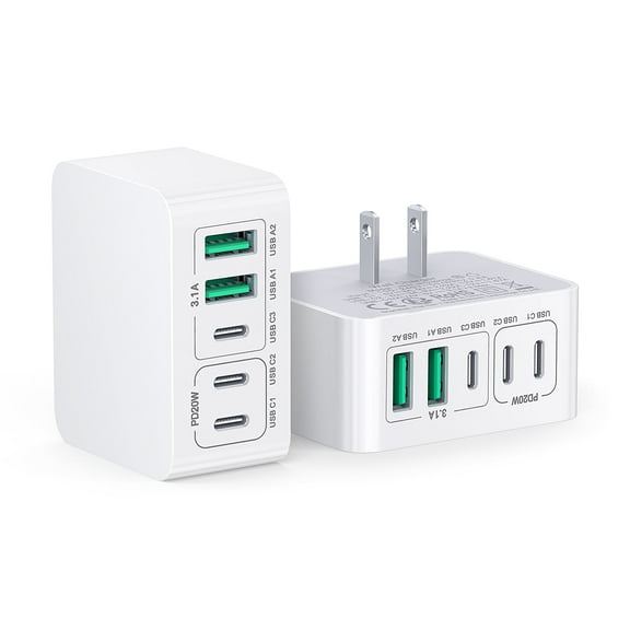 TAOHAI 50W USB C Charger Block Thin Flat Charging Cube, 2Pack 5-Port Type C Fast Charging Block Dual Charger PD Power Adapter&QC 3.0 Wall Plug Multi USB Brick for iPhone16 /15/14 Pro Max iPad Samsung