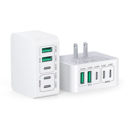 TAOHAI 50W USB C Charger Block Thin Flat Charging Cube, 2Pack 5-Port Type C Fast Charging Block Dual Charger PD Power Adapter&QC 3.0 Wall Plug Multi USB Brick for iPhone16 /15/14 Pro Max iPad Samsung