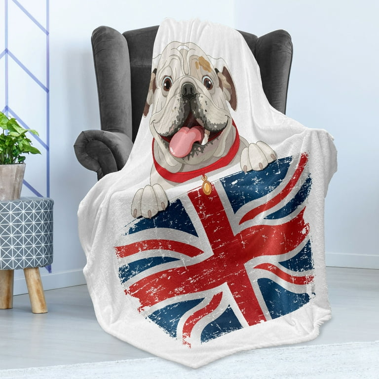 English Bulldog Soft Flannel Fleece Throw Blanket Happy Pet Bulldog Holding a Union Jack Flag of the Britain Cozy Plush for Indoor and Outdoor Use