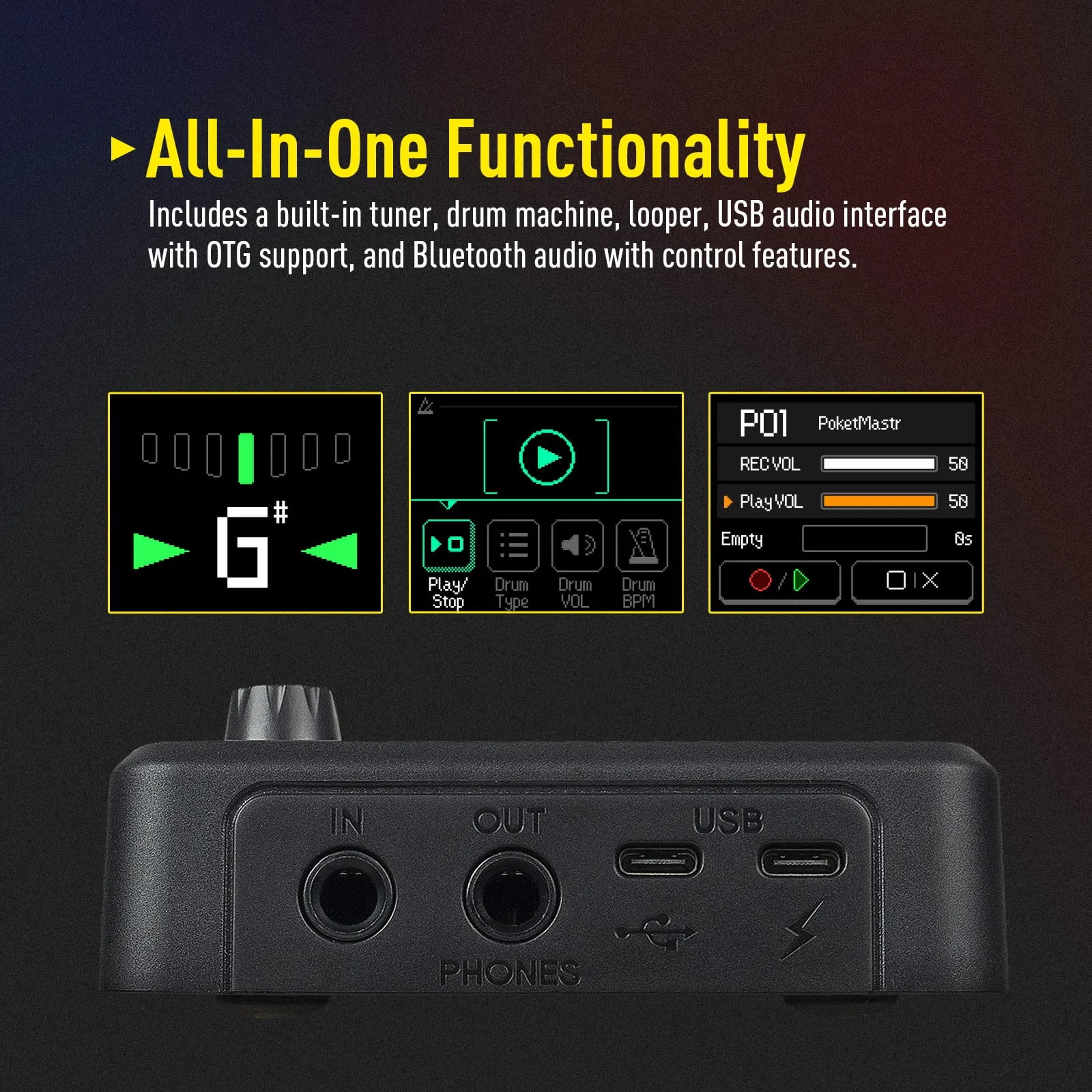 SONICAKE Pocket Master All-in-One Portable Guitar/Bass Multi-Effects Pedal - 100+ Effects, Amp & IR Cabinets, APP Control, Rechargeable, Color Screen, USB Audio Interface (Global English Version)