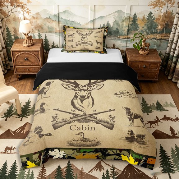 Castle Fairy Vintage Hunting Cabin Deer Twin Duvet Cover for Teens,Rustic Hunting Dog Duck Twin Bedding,Khaki Camo Green,Black Reversible,2pcs,No Comforter,1 Duvet Cover and 1 Pillowcase