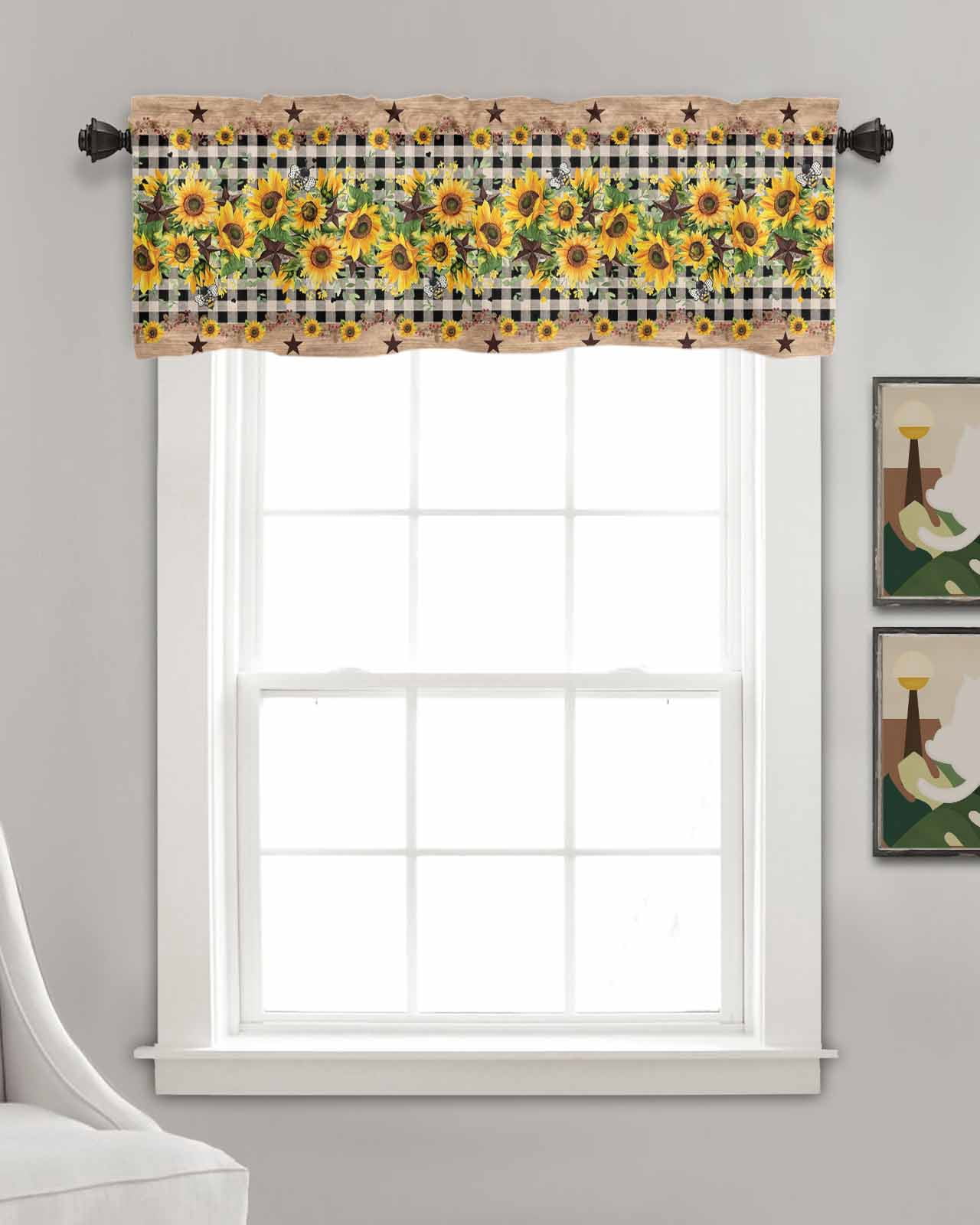 Spring Sunflower Kitchen Valances for Windows Farmhouse Linen Window Valance Curtain for Living Room Window Treatment Checkered Star Farmhouse Retro Valance Rod Pocket Topper Drape, 60 x 18 Inch