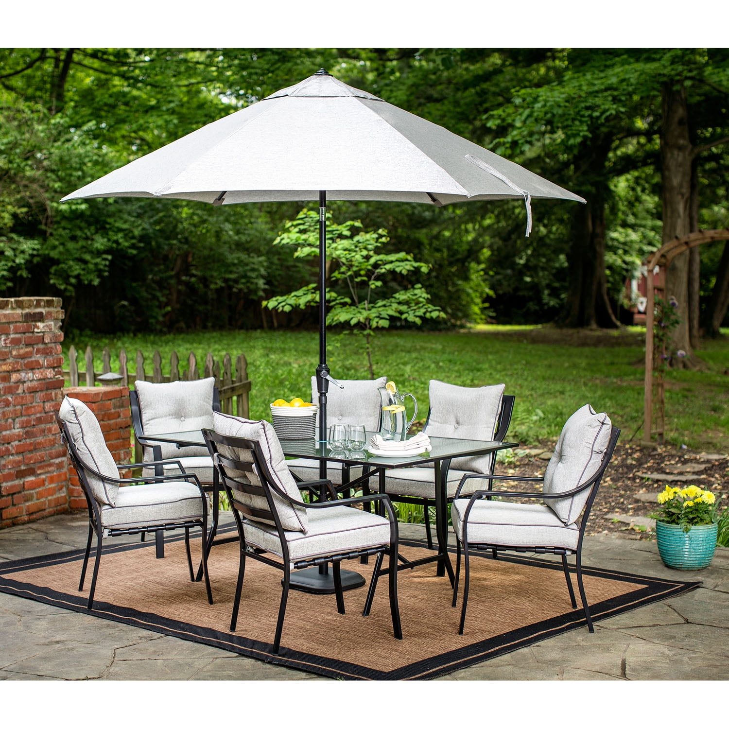 Hanover Lavallette 7-Piece Outdoor Dining Set with Table Umbrella and