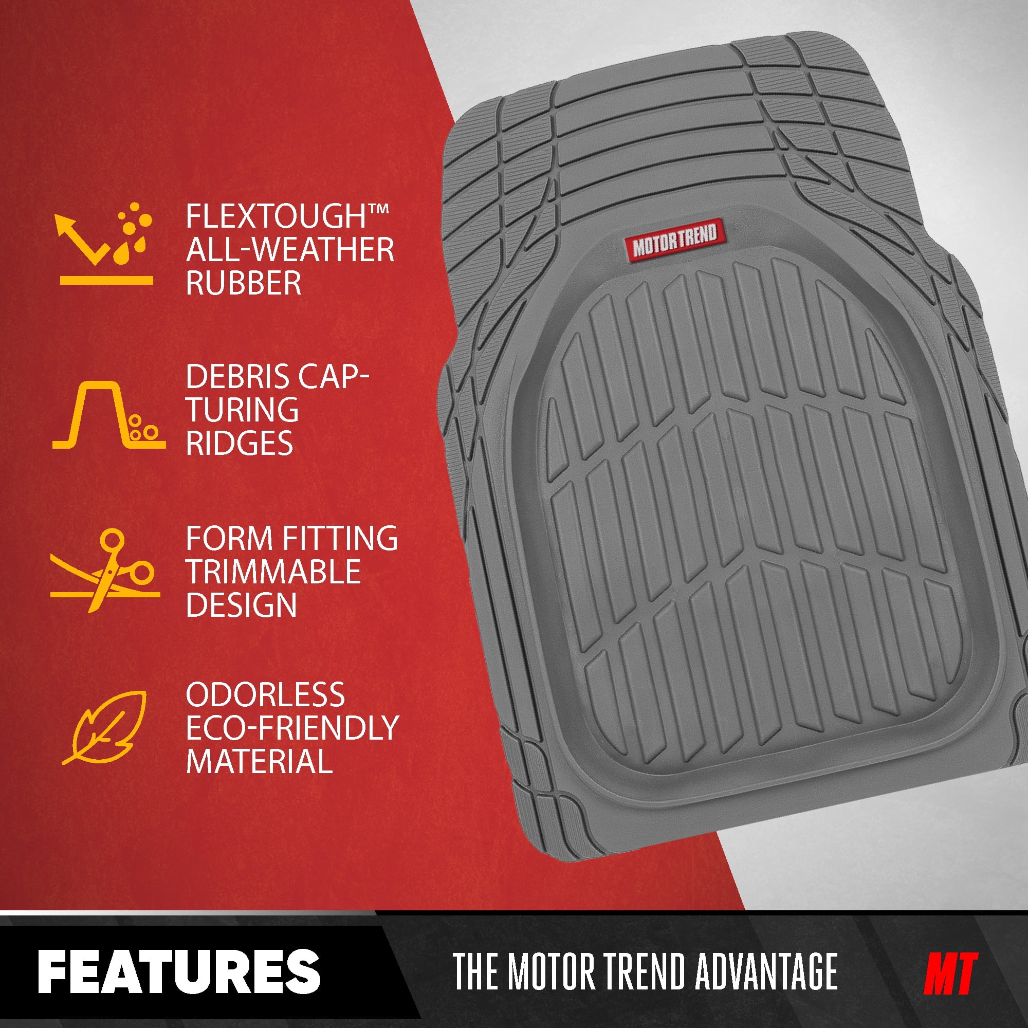 Motor Trend FlexTough Contour Liners Deep Dish 3 pc Rubber Floor Mats & Trimmable Trunk Liner Cargo Mat - Heavy Duty All Weather Protection Car Mats with Traction Grips Car Accessories (Gray)