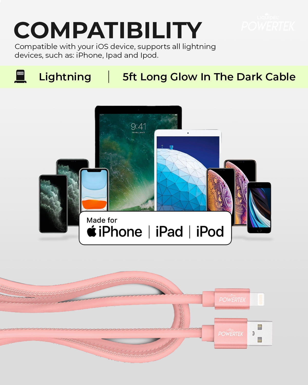 Liquipel Powertek Glow in Dark Cable Lightning - Pink