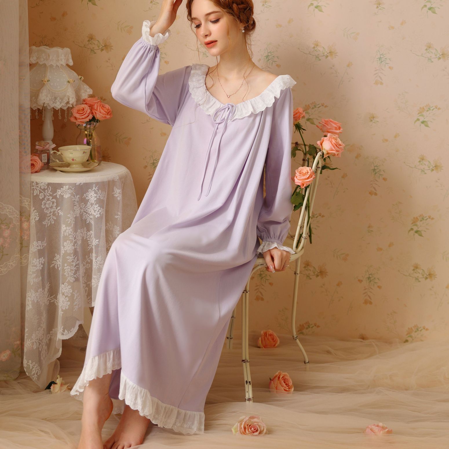 Women's Victorian Nightgown - 100% Cotton Long Sleeve, Ankle Length, Embroidered Bodice With Pockets