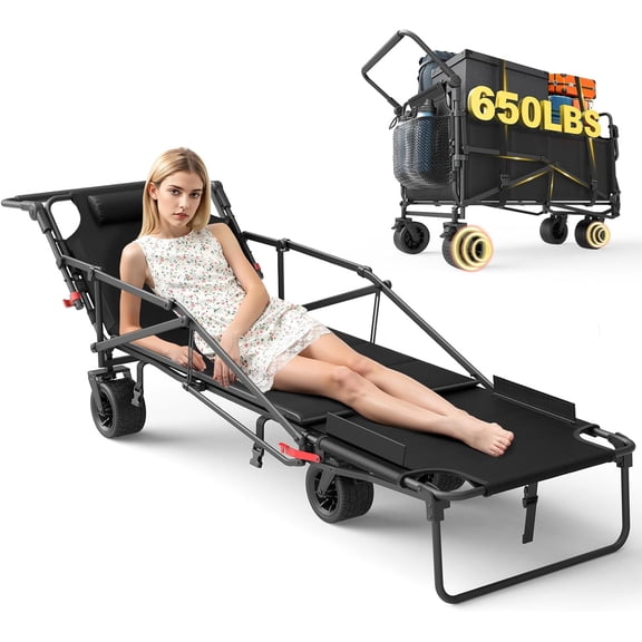 Heavy Duty Folding Wagon - 2-in-1 Collapsible Cart, 650lb Capacity, All-Terrain Wheels w/Brakes & Side Pockets