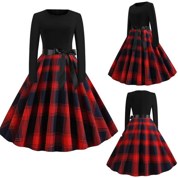Women's Christmas Party Dress Vintage 1950s Christmas Plaid Print A-Line Swing Dress Long Sleeve Crwe Neck Holiday Cocktail Midi Dress