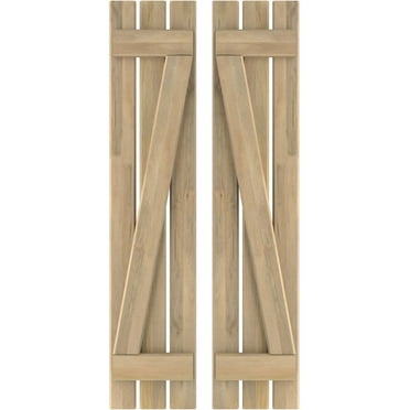 Ekena Millwork 11 1/2"W x 36"H Americraft Three Board (2 Batten) Exterior Real Wood Spaced Board-n-Batten Shutters w/ Z-Bar (Per Pair), Unfinished
