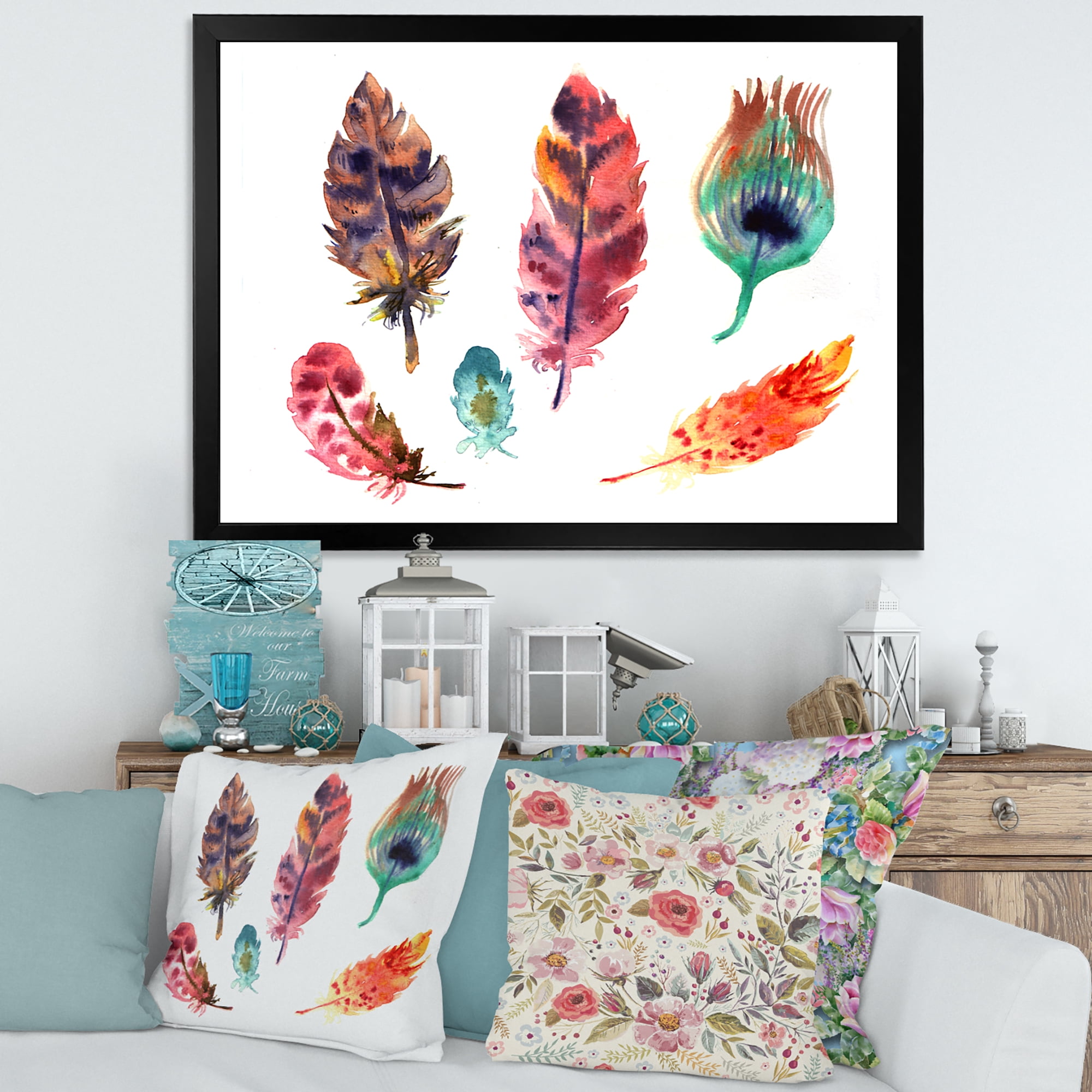 Designart 'Colourful Boho Art Feather Set II' Bohemian & Eclectic Framed Art Print
