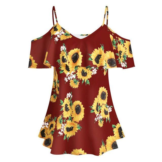 Blouse T-shirt à Manches Courtes à Volants Imprimé Tournesol pour Femmes Grande Taille