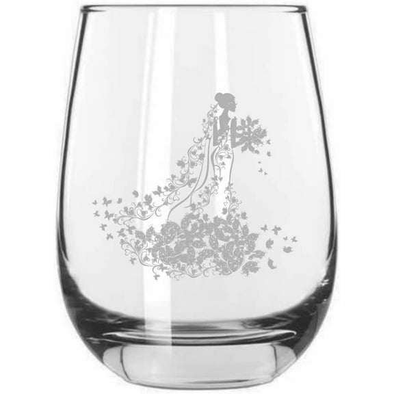 Floral Bride With Bouquet Wedding Silhouettes Etched 15.25oz Libbey Stemless Wine Glass