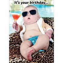 RSVP Baby on Leopard Pattern with Cocktail Glass Funny / Humorous Masculine Over the Hill Birthday Card for Him : Man : Men