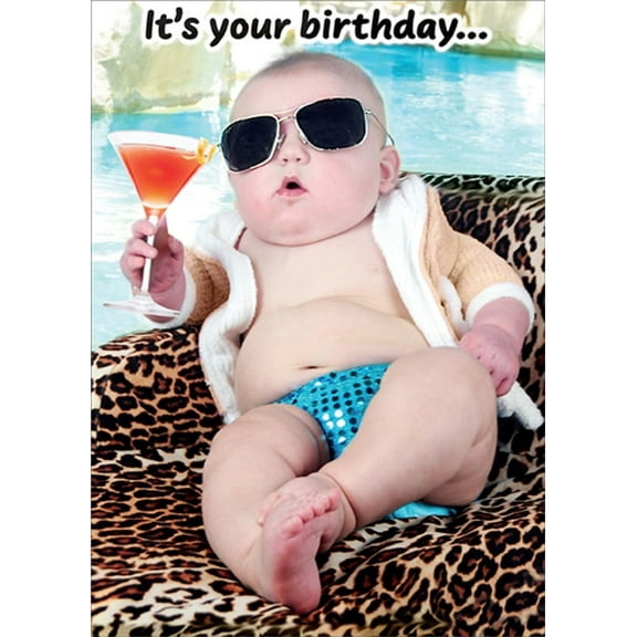 RSVP Baby on Leopard Pattern with Cocktail Glass Funny / Humorous Masculine Over the Hill Birthday Card for Him : Man : Men