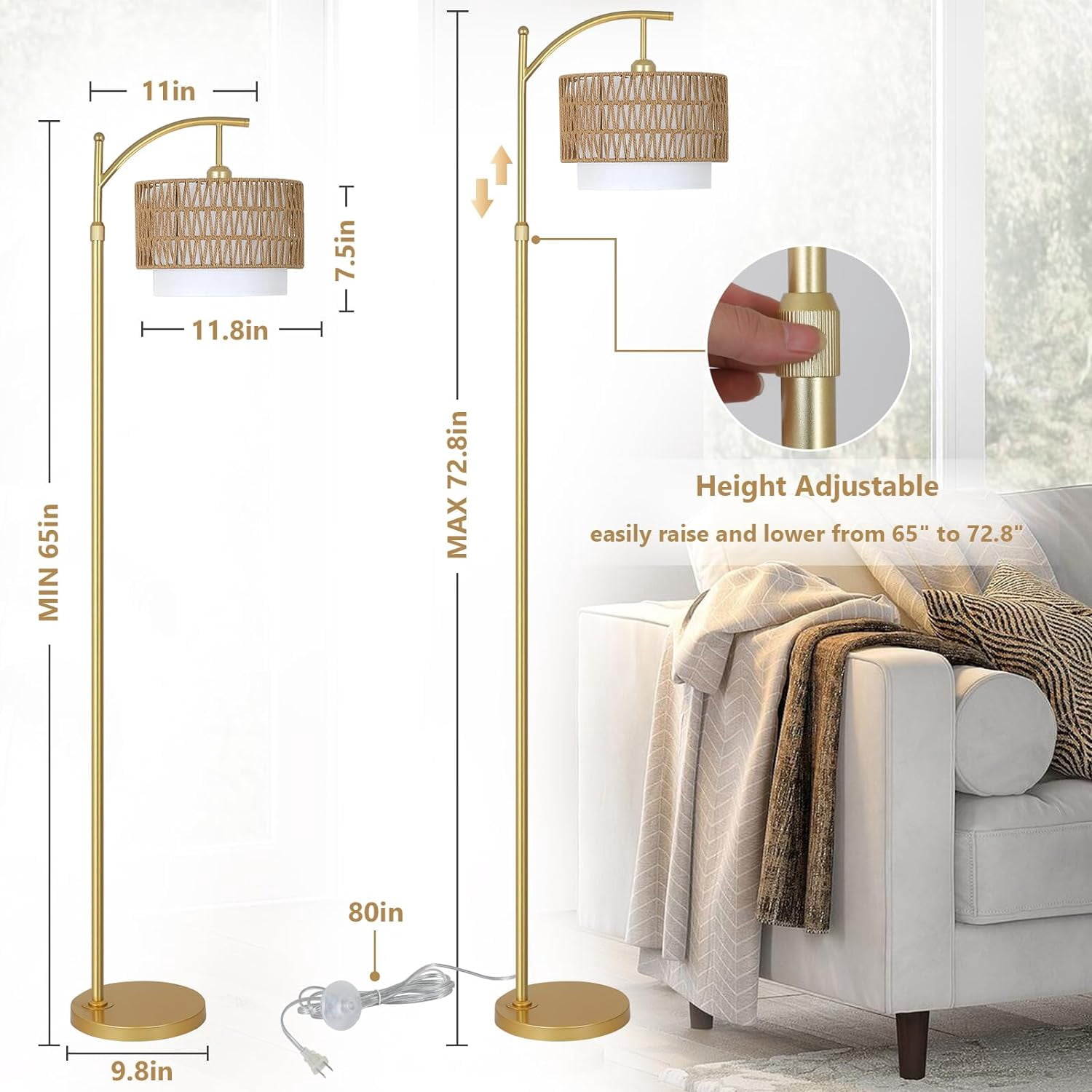 Brown+Gold Rattan and Metal Floor Lamp with Remote and Dimmable LED Bulb, Adjustable Standing Lamp for Living Room and Bedroom