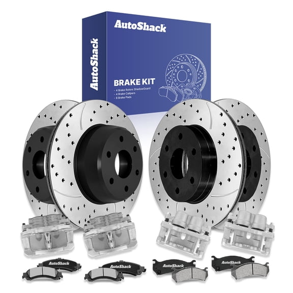 AutoShack Front Vented & Rear Vented Drilled & Slotted E-Coated Brake Rotors   Ceramic Pads   Calipers 16-PC Brake Kit Replacement for 2000-2006 GMC Yukon 2000-2006 Chevrolet Tahoe ShadowGuard