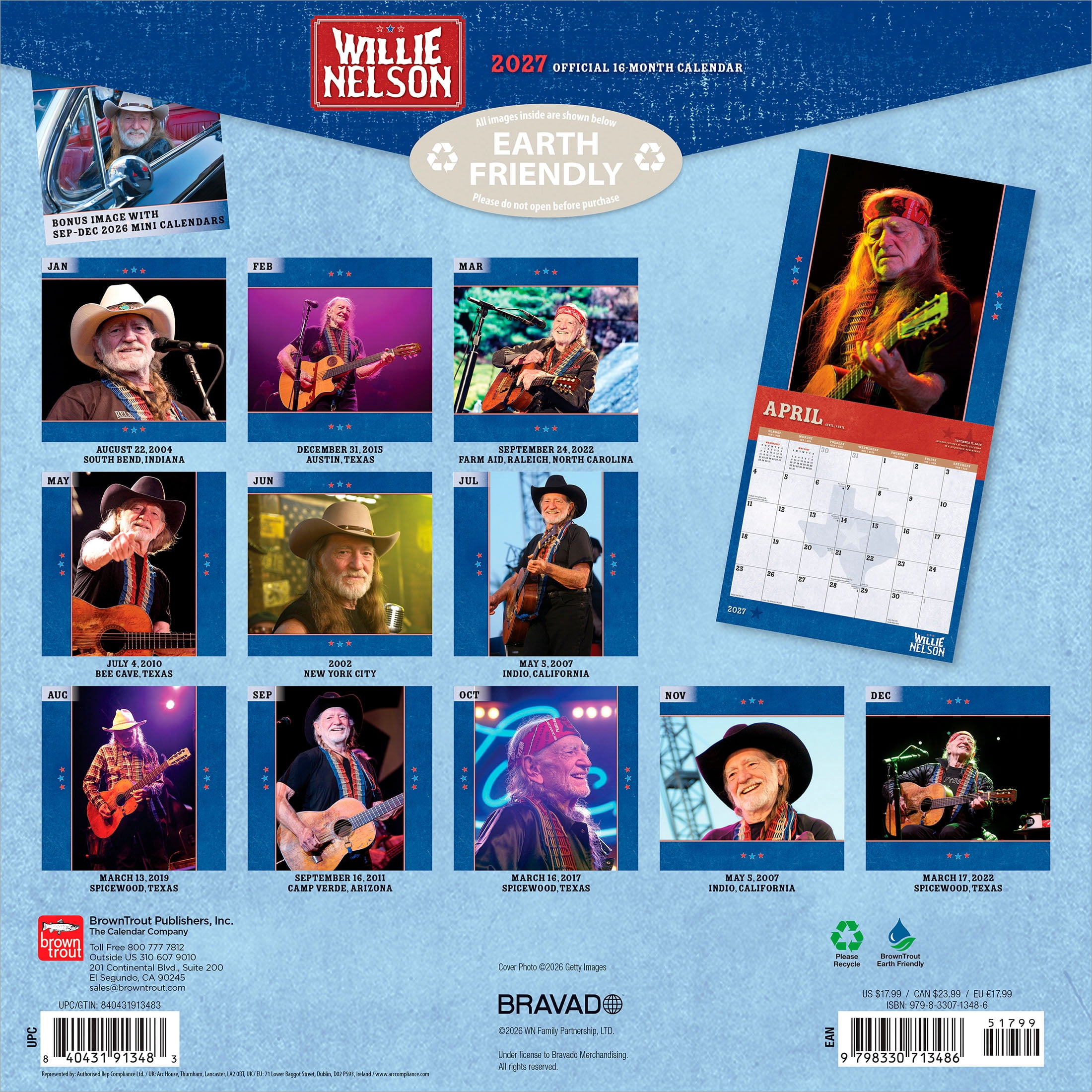 Willie Nelson OFFICIAL 2027 12x24" (Hanging) Wall Calendar | Plastic-Free | BrownTrout