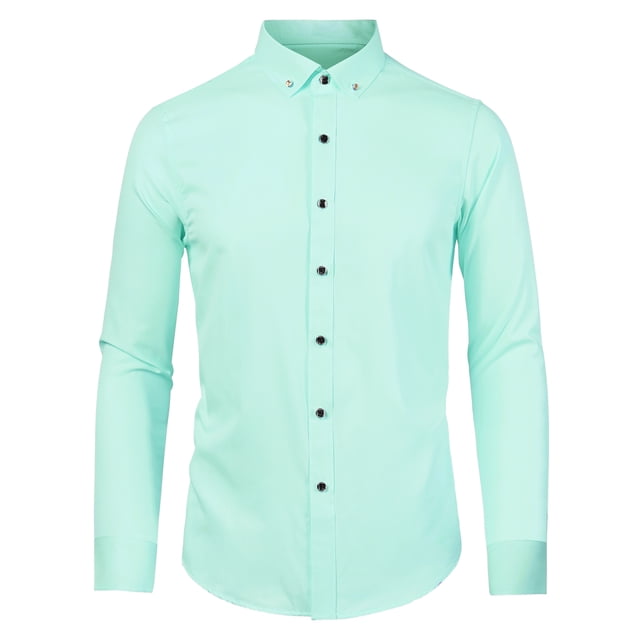 Camisa de vestir de manga larga con botones de color liso para hombre de negocios Menta verde M Unique Bargains Camisa