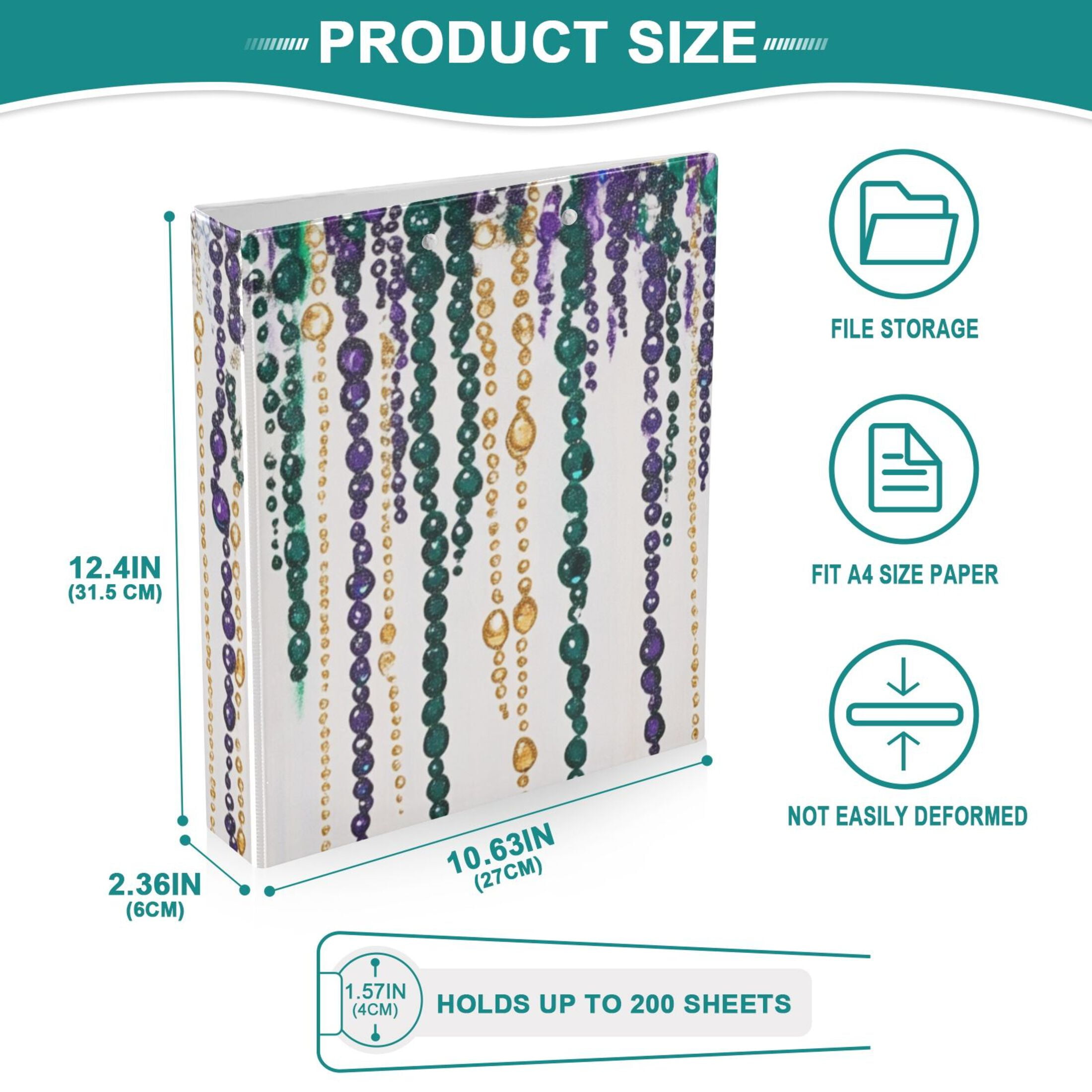 Mardi Gras Beads 3 Ring Binders 1.5 inch Hardcover File Folders with Interior Pockets A4 Size Organizer for School Office Hospital Set of 2
