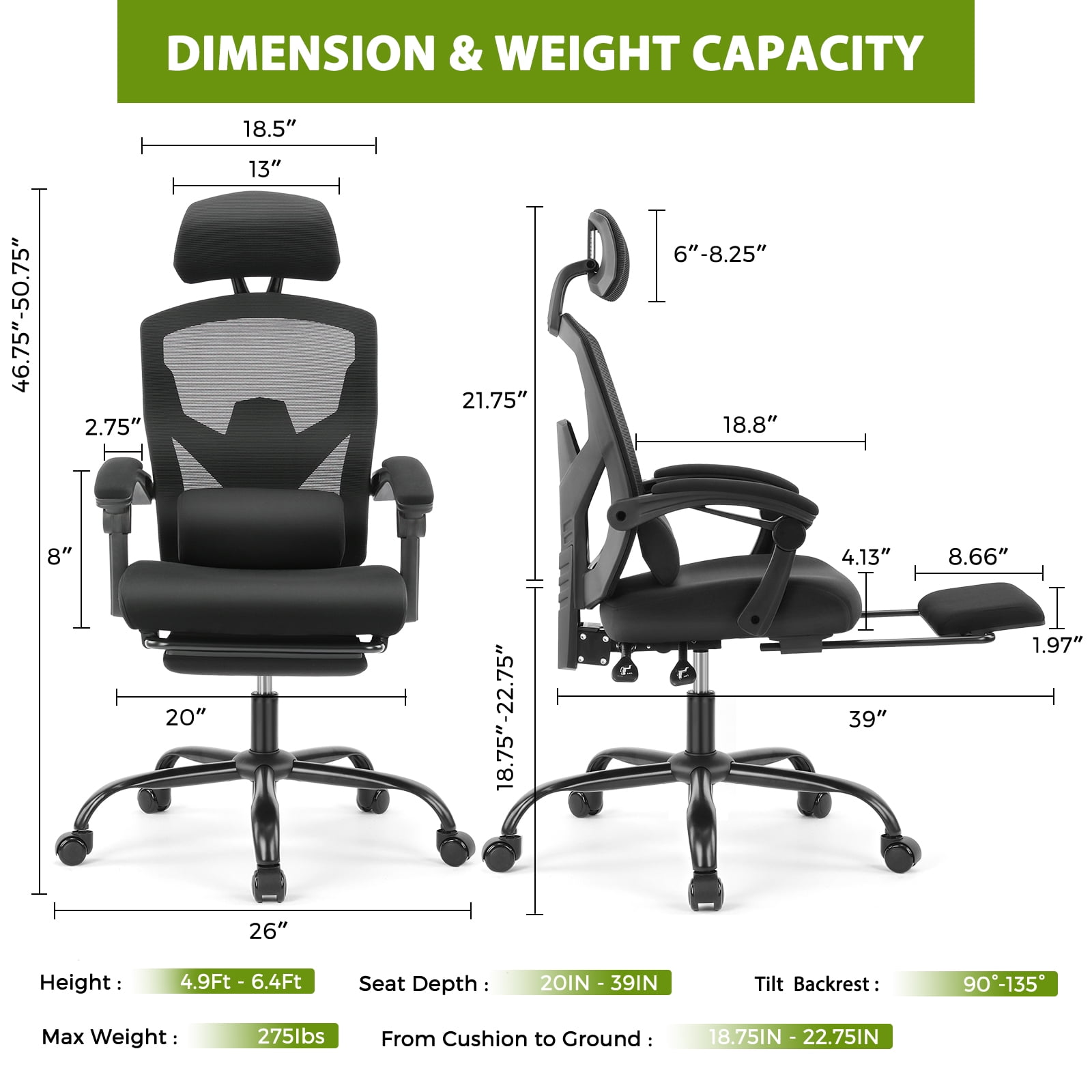 JOINSUN Ergonomic Office Chair, High Back with Adjustable Lumbar Support, Headrest, Footrest, Black