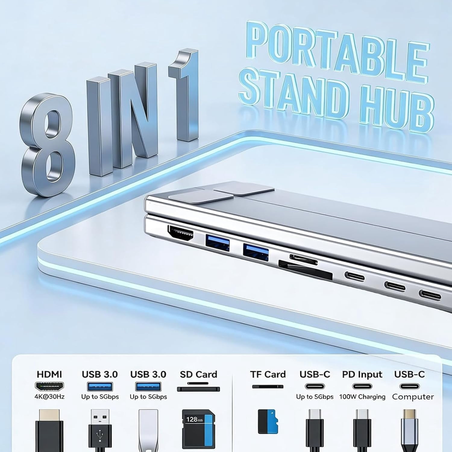 8-in-1 USB-C Laptop Docking Station Stand,Laptop Stand with Docking Station with 4K HDMI,100W PD and 5 USB Ports,Foldable Multiport Adapter for USB-C Laptops and Home Office