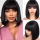 thumbnail image 1 of Peluca bob lisa con flequillo, sin pegamento, densidad del 180%, cabello humano brasileño, 30 cm (12 pulgadas) para mujer., 1 of 5