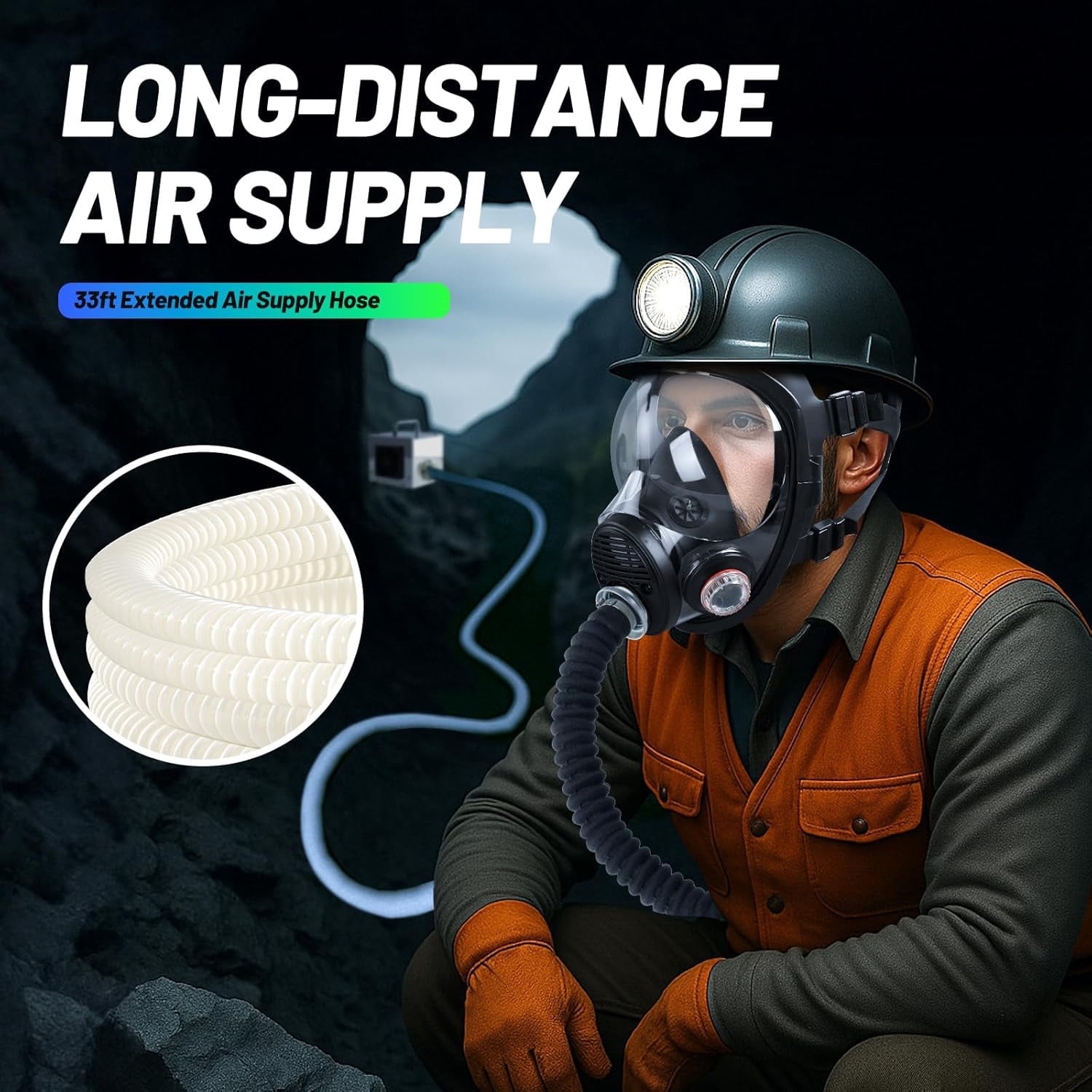 Portable PAPR Respirator System - High-Efficiency Powered Air Purifying Respirators with 33ft Long Hose - Large Airflow Supplied Air Respirator for Tunnel Construction Industrial