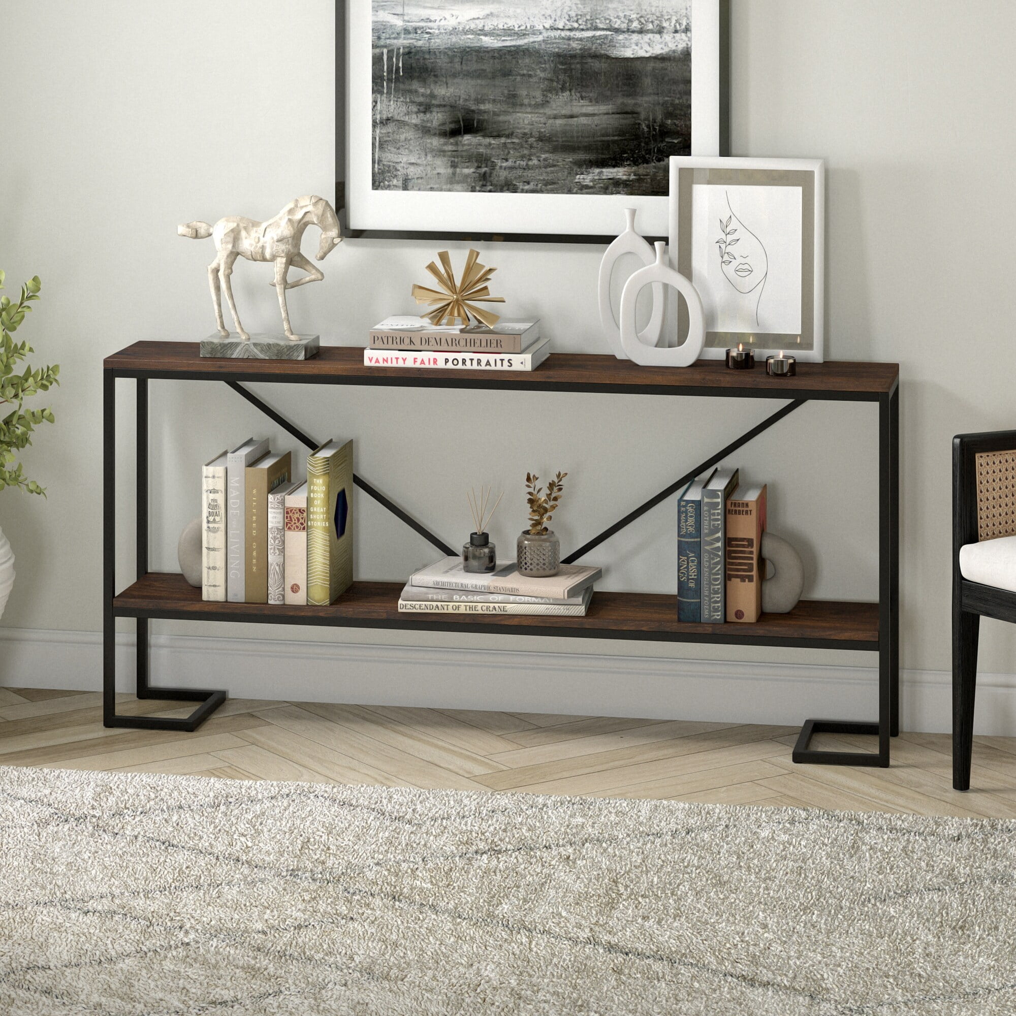 Evelyn&Zoe Phoebe 64" Wide Rectangular Console Table, Blackened Bronze/Black Grain