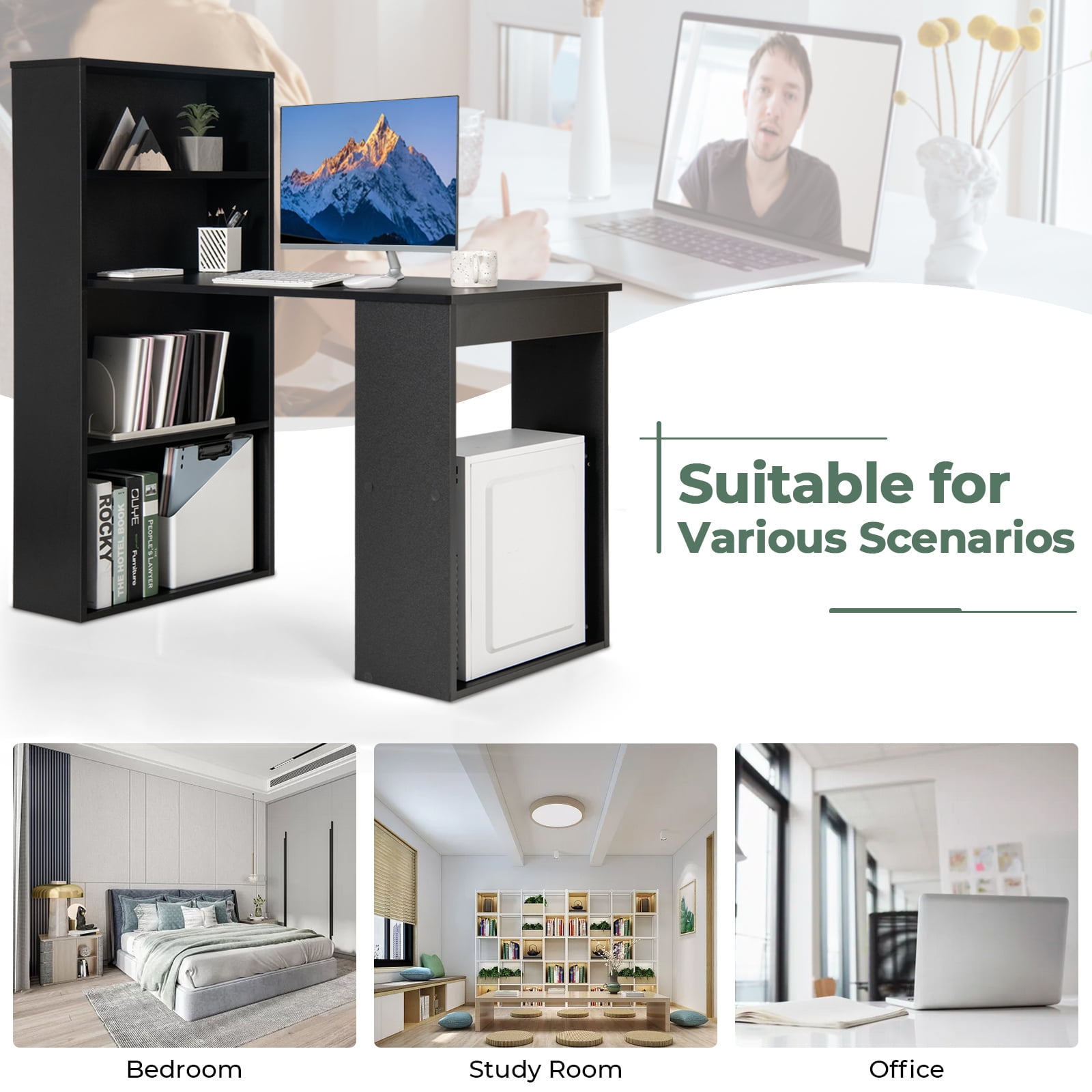 Topbuy 48 Inch Computer Desk with Bookshelf 3-in-1 Home office Desk with 4-Tier Bookcase & CPU Stand Space-saving Reversible Writing Desk Black