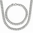 thumbnail image 2 of 7MM Necklace Bracelet Set Curb Cuban Link Stainless Steel Chain Silver For Men, 2 of 8