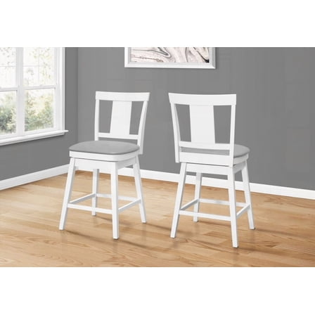 Set of 2 Counter Height Bar Stools - White Wood with Grey Leather Look, Swivel for Kitchen