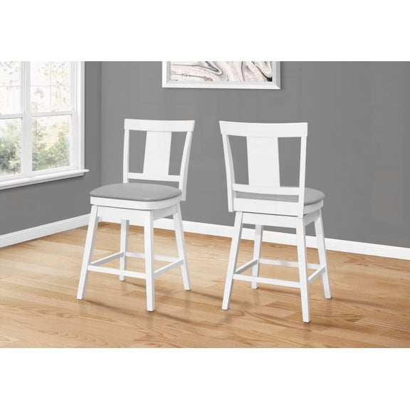Set of 2 Counter Height Bar Stools - White Wood with Grey Leather Look, Swivel for Kitchen