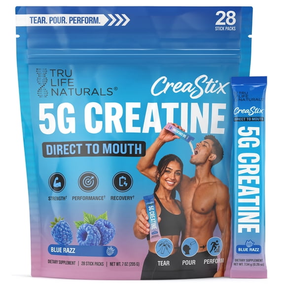 TRULIFE NATURALS CreaStix 5g Creatine Monohydrate, Direct to Mouth, Blue Razz