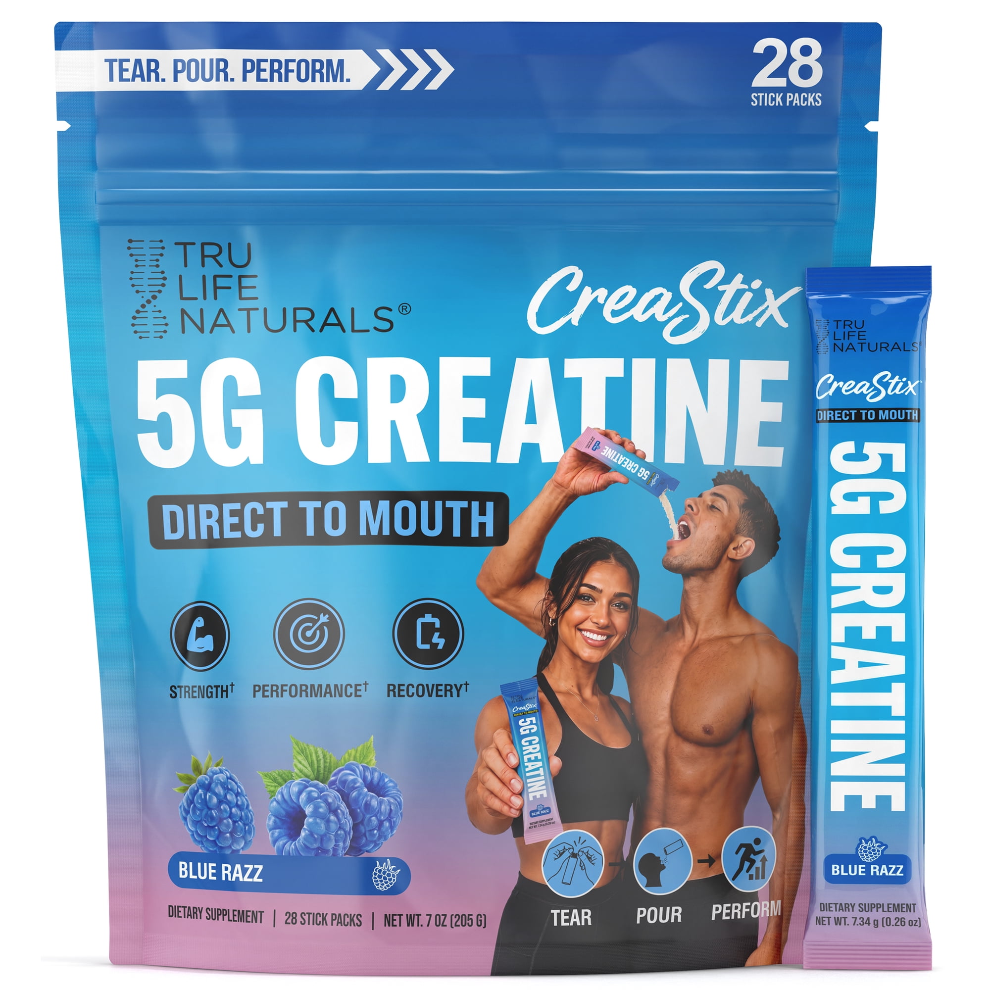 TRULIFE NATURALS CreaStix 5g Creatine Monohydrate, Direct to Mouth, Blue Razz