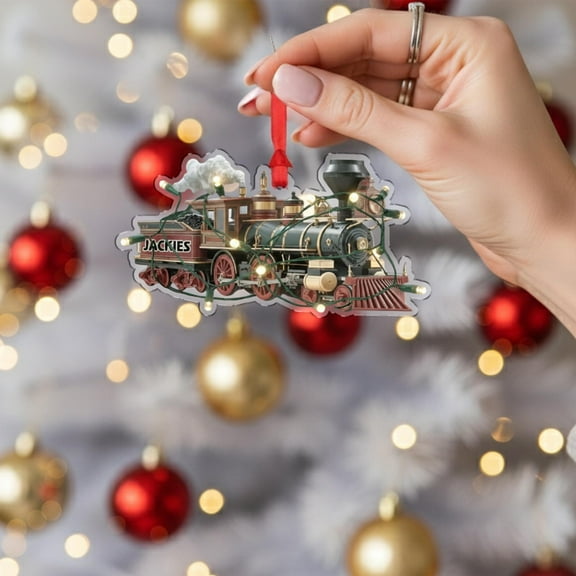 Personalized Train Acrylic Christmas Ornament with Lights Custom Name Locomotive Holiday Tree Decor, Vintage Rail Lover Family Keepsake