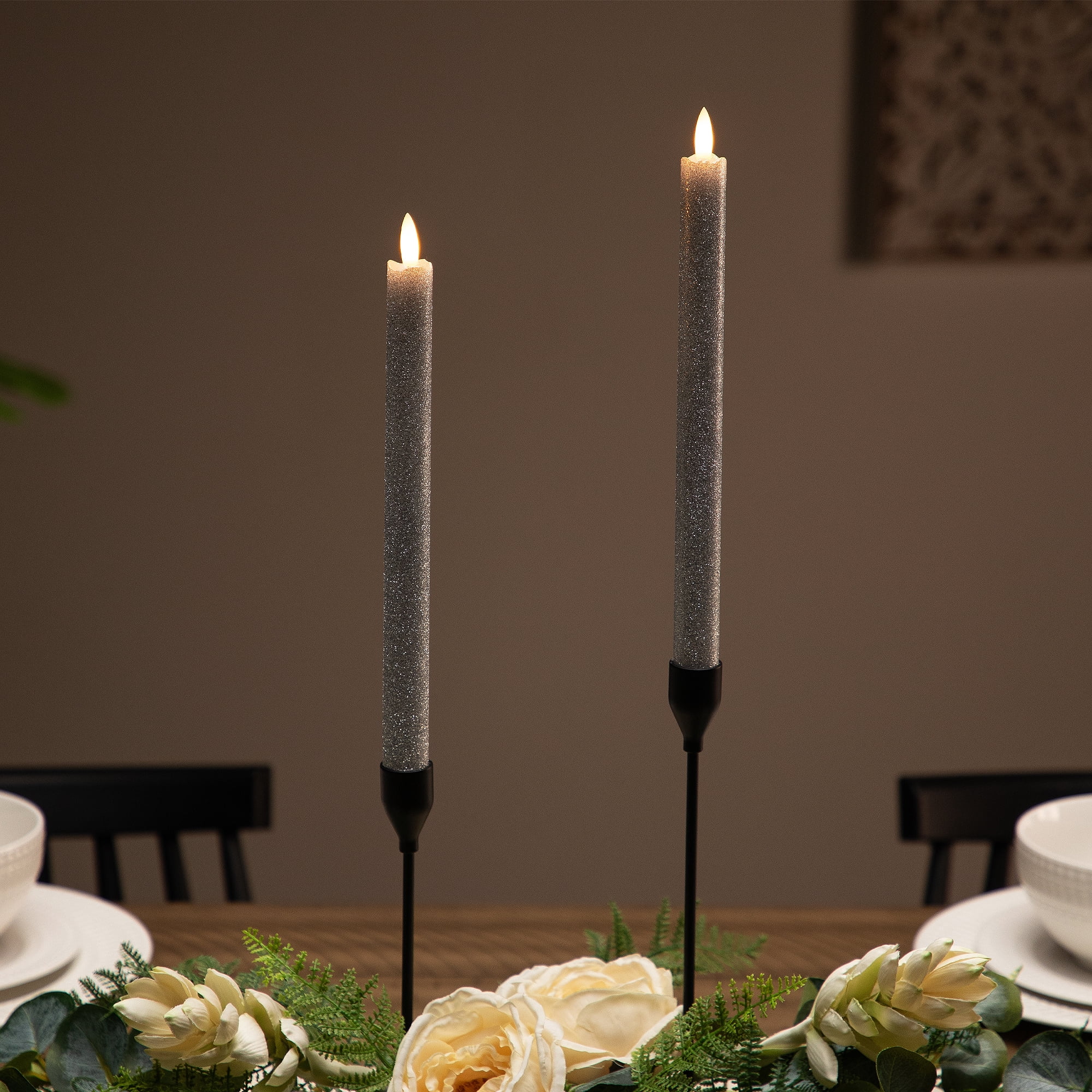 Northlight LED Flameless Flickering Taper Glittered Christmas Candles - 11" - Silver - Set 2