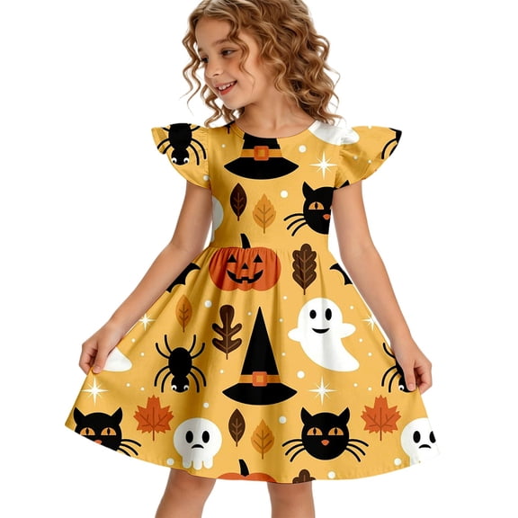 Girls Dresses Halloween Pumpkin Bat Pattern Tiered Flutter Sleeve Midi Dress Lightweight Fall Halloween Holiday Outfit for Girls 3–12Y