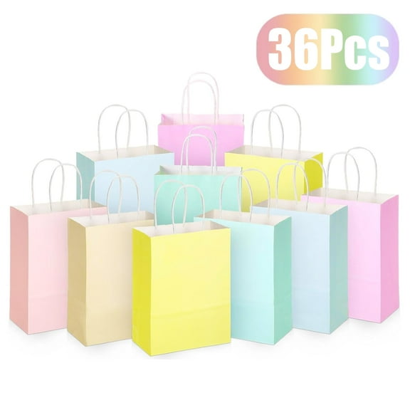 Gift Bags Bulk, 36 Pcs Kraft Paper Bags with Handle, Goodie Gift Bags for Birthday, Wedding, Baby Shower, Party Favors, 6.3 x 3.2 x 8.6 inch