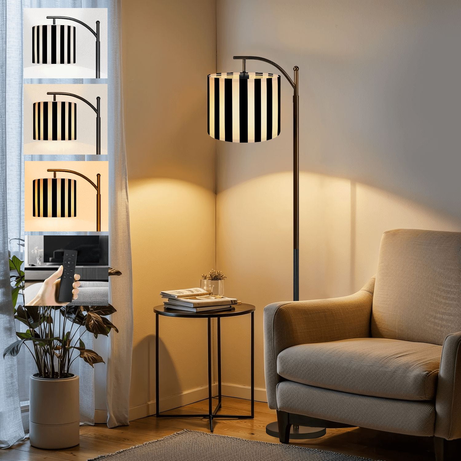 Arc Floor Lamp Striped black white Tall Modern Standing Lamp LED Adjustable Linen Lampshade 3 Color Temperatures