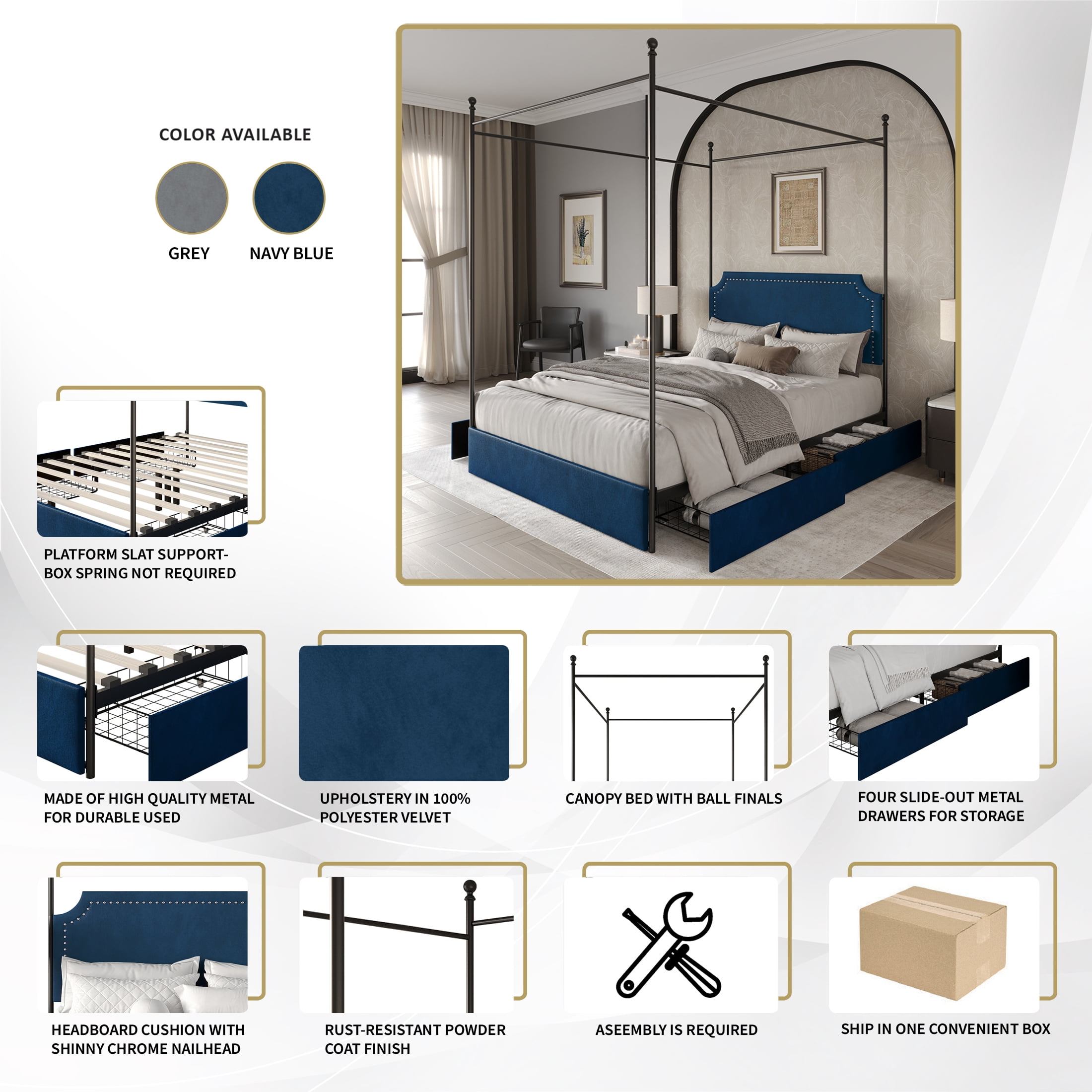 Castle Place Sleek Upholstered Nailhead Trimmed Queen Metal Platform Bed with 4 Storage Drawers, Navy Blue