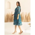 thumbnail image 3 of XL LOVE By Janasya Indian Women's Plus Size Blue Dobby Georgette Ikat Printed Flared Dress, 3 of 5