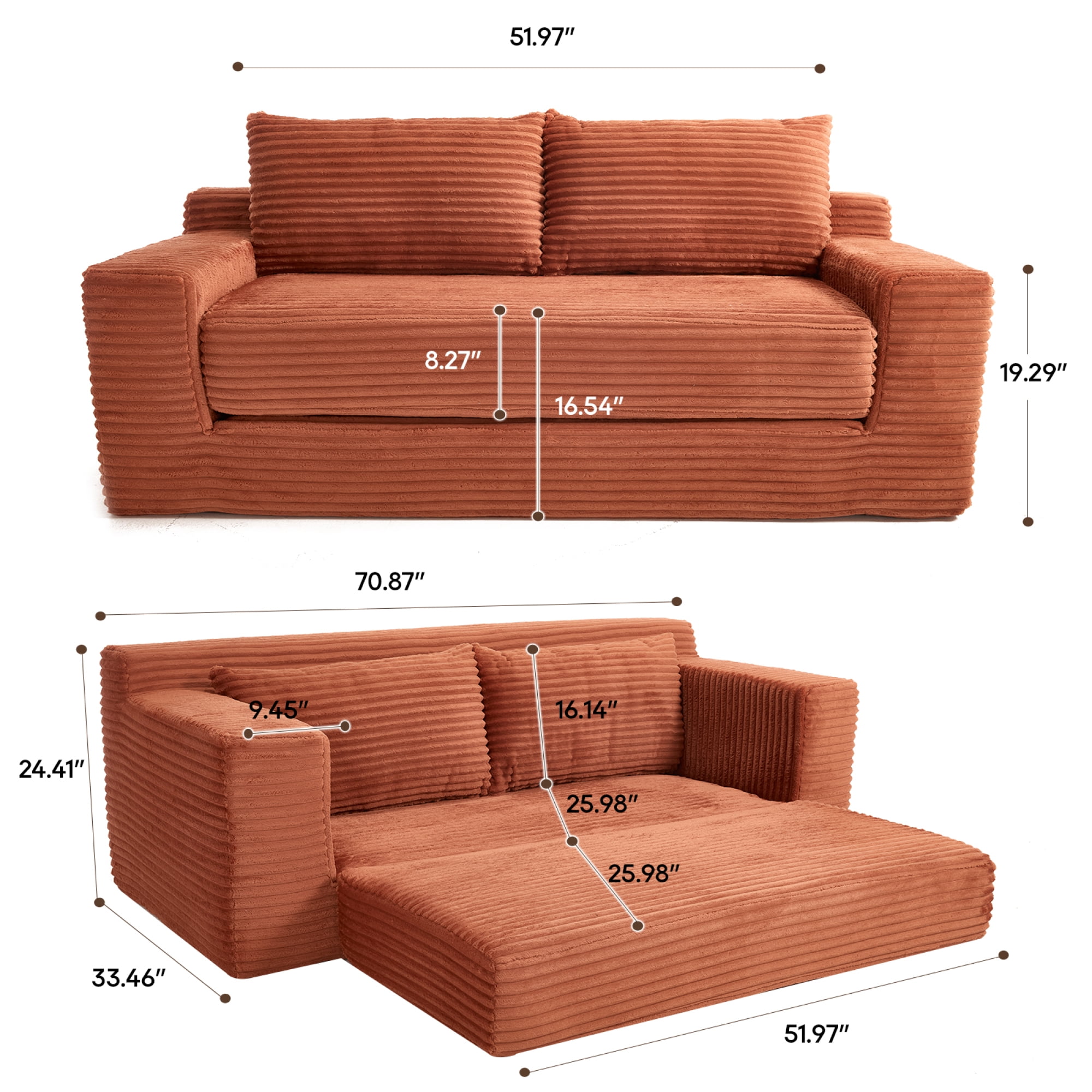 Leumius 70" Corduroy Loveseat Sofa,Pull Out Sleeper Sofa Bed,2-in-1Convertible Sofa Bed with Memory Foam & Steel Frame,No Assembly,Compact Couch for Small Spaces,Apartments,Orange