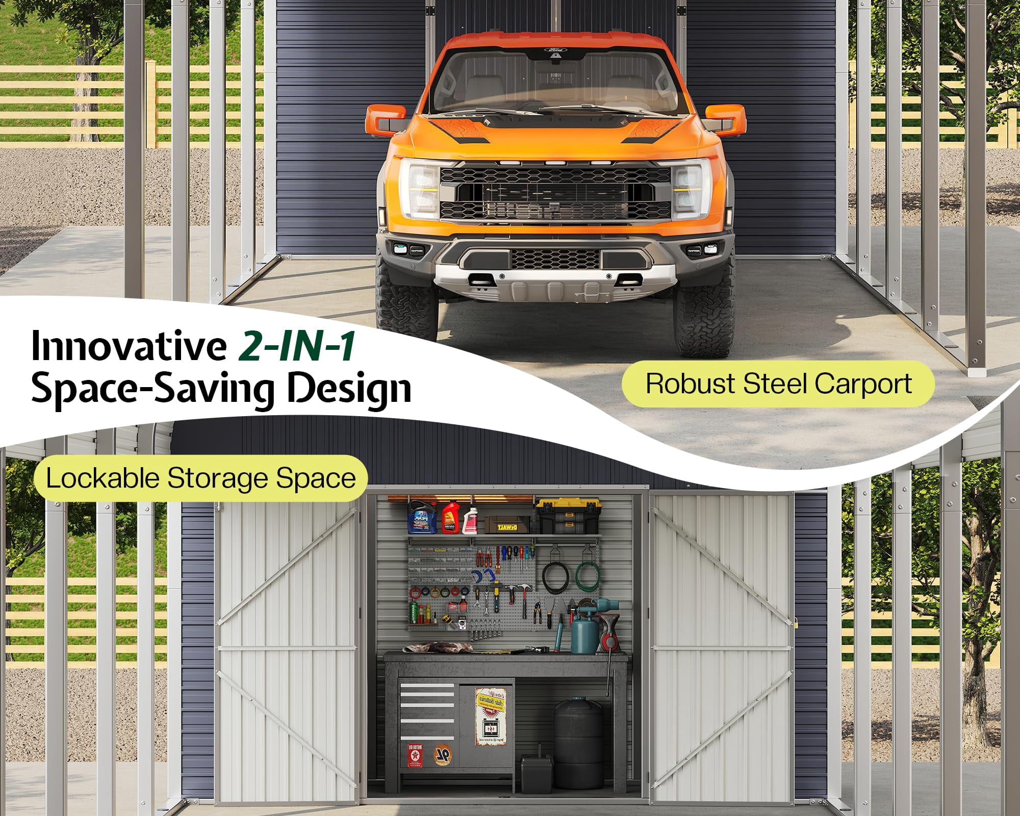 Jocisland 12'x24' 2-in-1 Carport & Storage Shed, Heavy Duty Carport with Galvanized Steel Roof, 2 Transparent Panels & Double Doors for Cars, Trucks