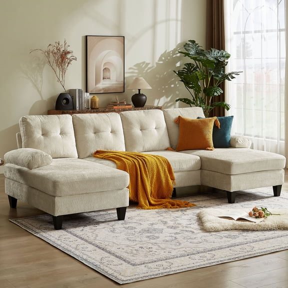 Tornama Versatile 4-Seat L-Shaped Sectional Sofa with Reversible Storage Ottoman & Side Pockets – Perfect for Living Room, Office, or Apartment Beige