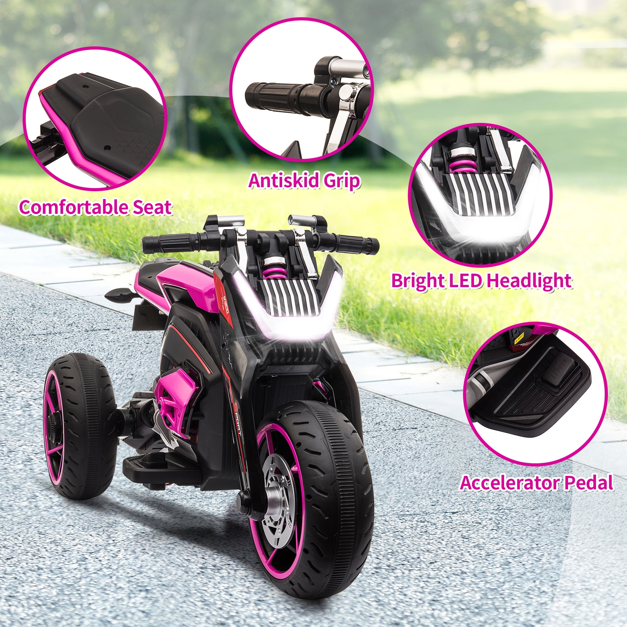 TOBBI 12V Kids Ride on Motorcycle Battery Powered Electric 3 Wheels Trike Motorcycle W/ Lights, Rose Red