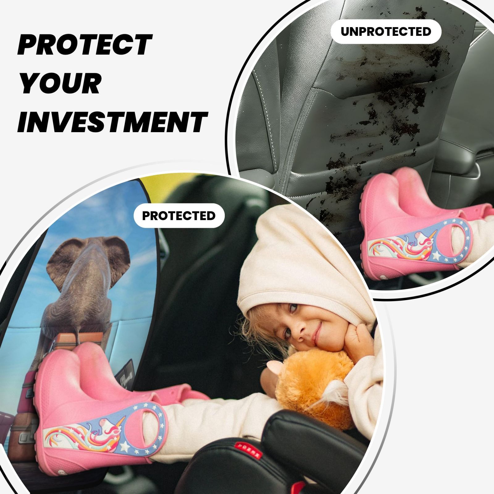Xecao Elephant Sits Pattern Car Seat Back Protector 2 Pack Large Capacity Pocket, Kick Mats Back Seat Protector