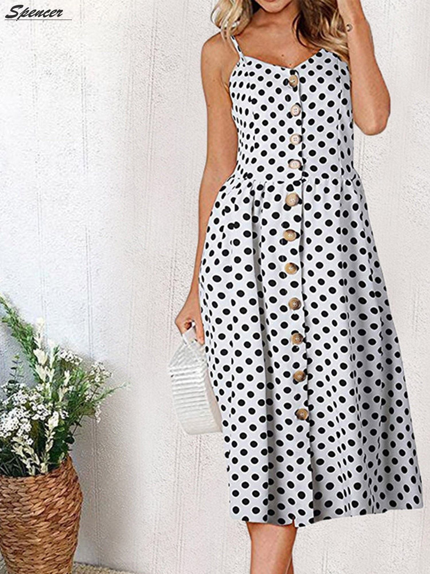Spencer Women's Spaghetti Strap Dress Boho Tie Front Button Spencer Women's Spaghetti Strap Dress Boho Tie Front Button